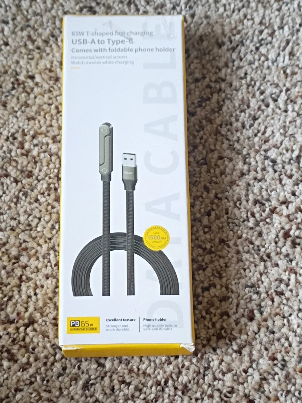 USB-A to USB-C 65W Fast Charging Cable with Foldable Phone Holder - Gray